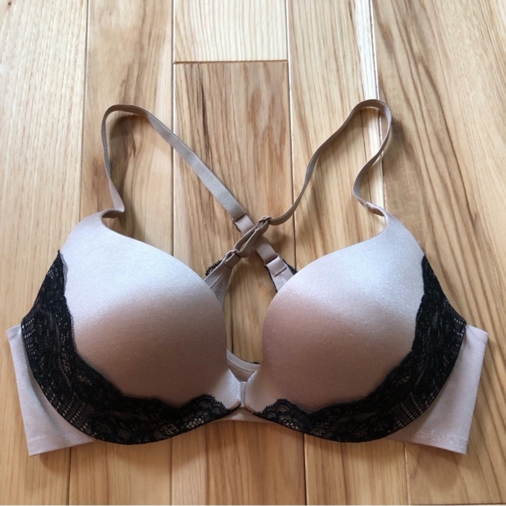 Victoria’s Secret Push Up Tan Black Lace Front Closure Bra